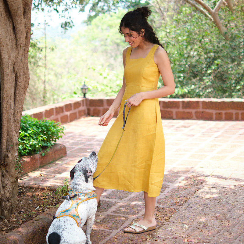 Linen Yellow Midi Dress for Women | Mid-Calf Length