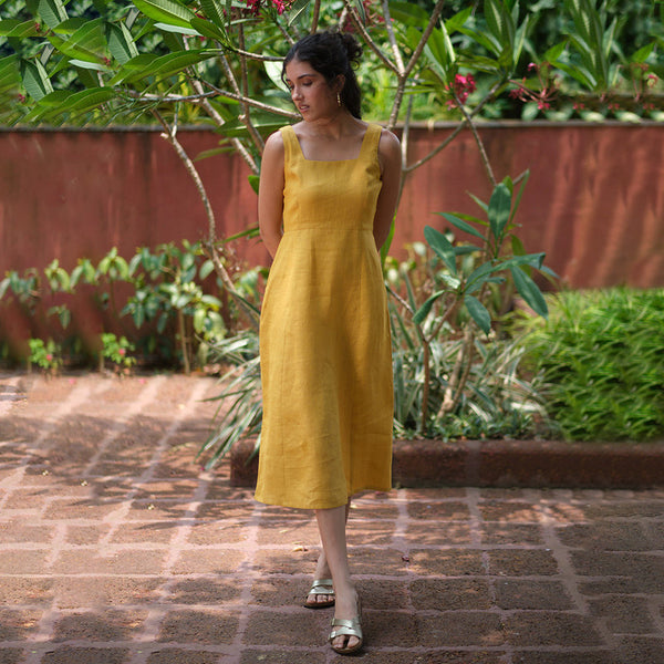 Linen Yellow Midi Dress for Women | Mid-Calf Length