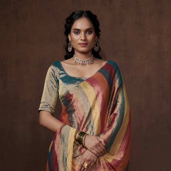 Chanderi Tissue Saree | Striped | Multicolour