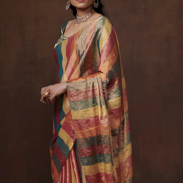 Chanderi Tissue Saree | Striped | Multicolour