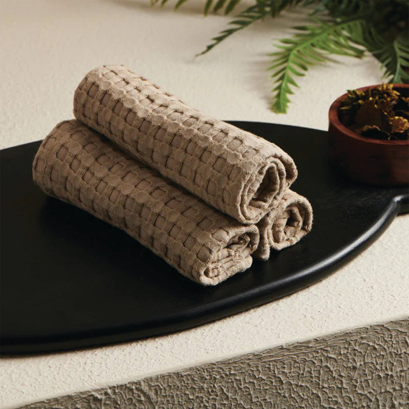 Bamboo Cotton Towel Set | Waffle Design | Brown | Set of 4