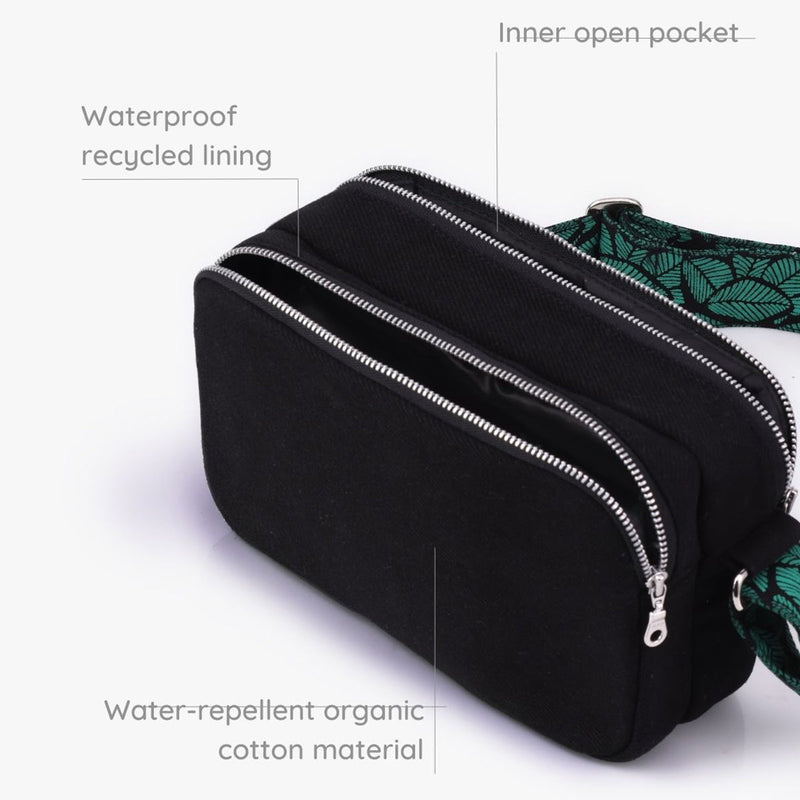 Organic Cotton Box Sling Bag | Leaf Pattern | Black