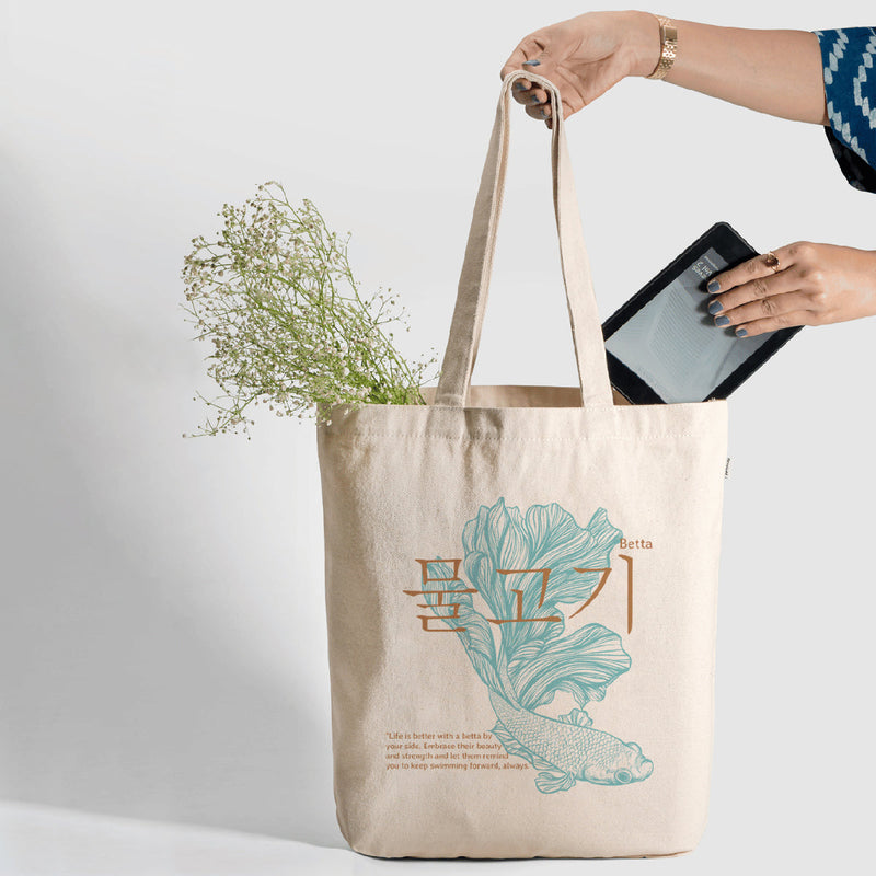 Organic Cotton Canvas Tote Bag | Betta Fish Print | Off White