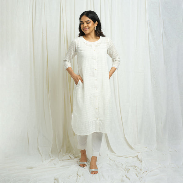 Cotton Slub White Kurta for Women | Checkered