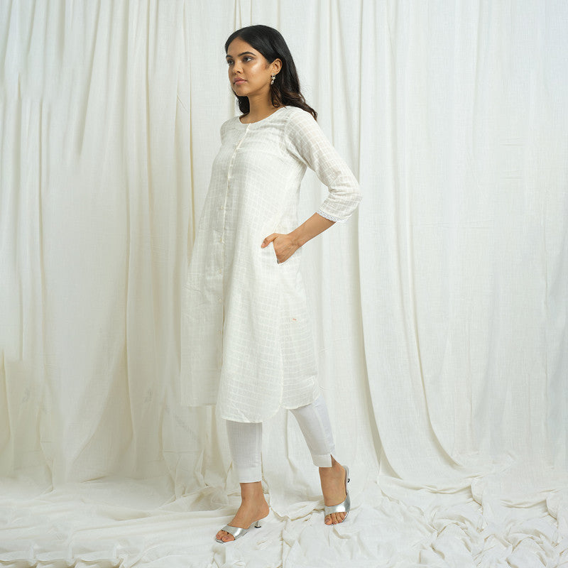 Cotton Slub White Kurta for Women | Checkered