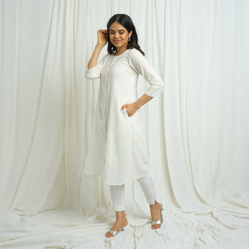 Cotton Slub White Kurta for Women | Checkered