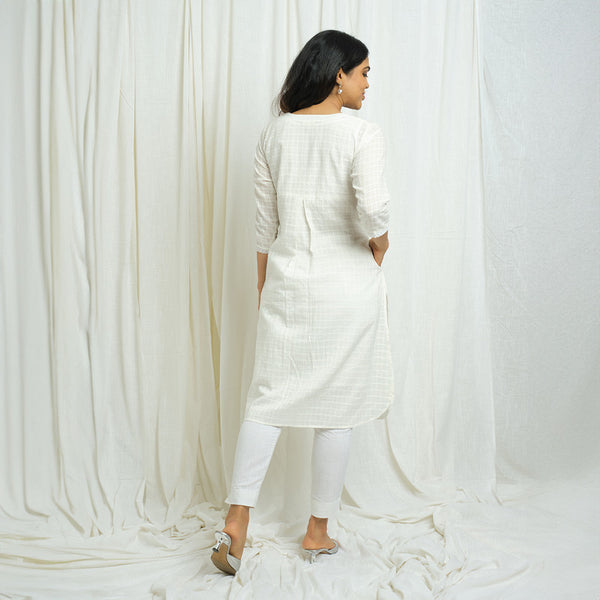 Cotton Slub White Kurta for Women | Checkered