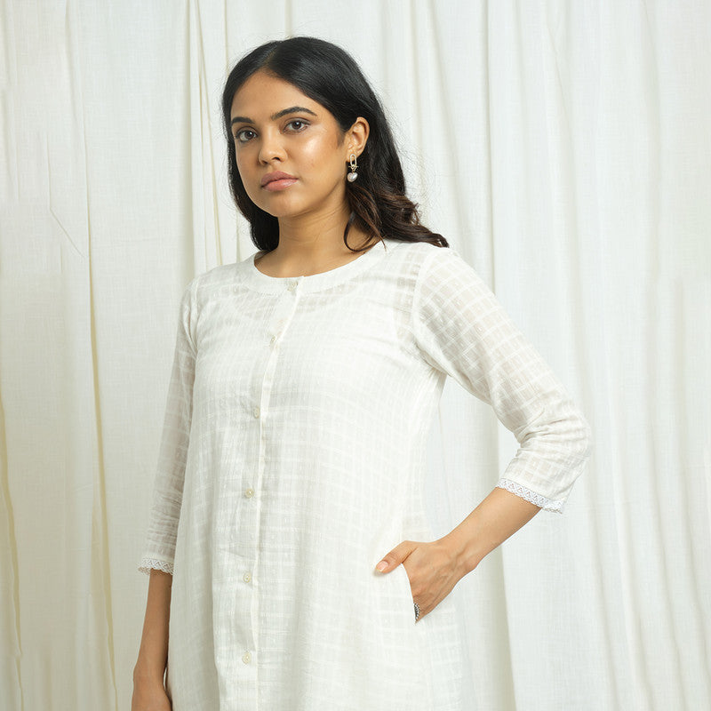 Cotton Slub White Kurta for Women | Checkered