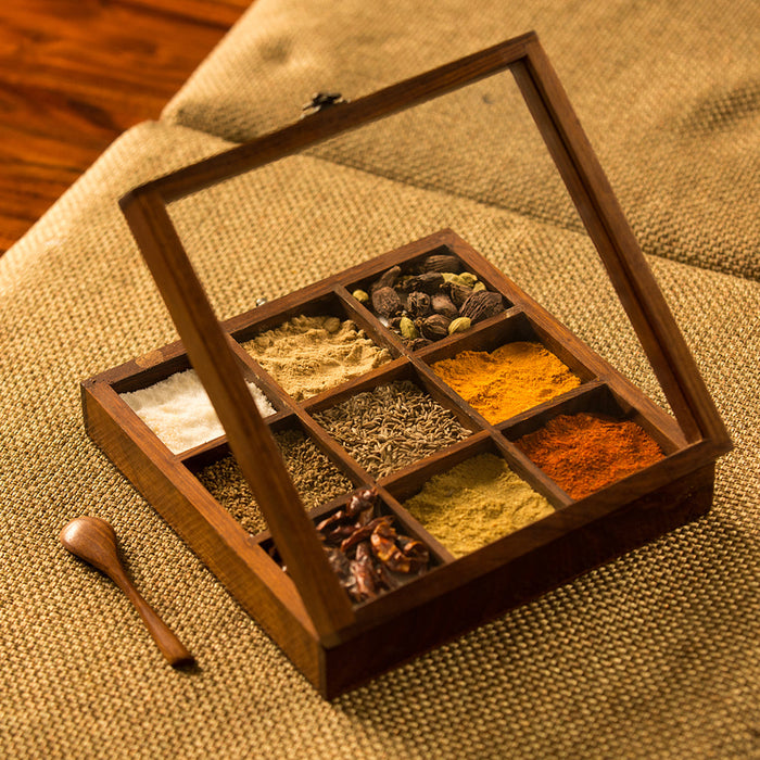 Wooden Masala Box with Spoon | Brown | 20 cm