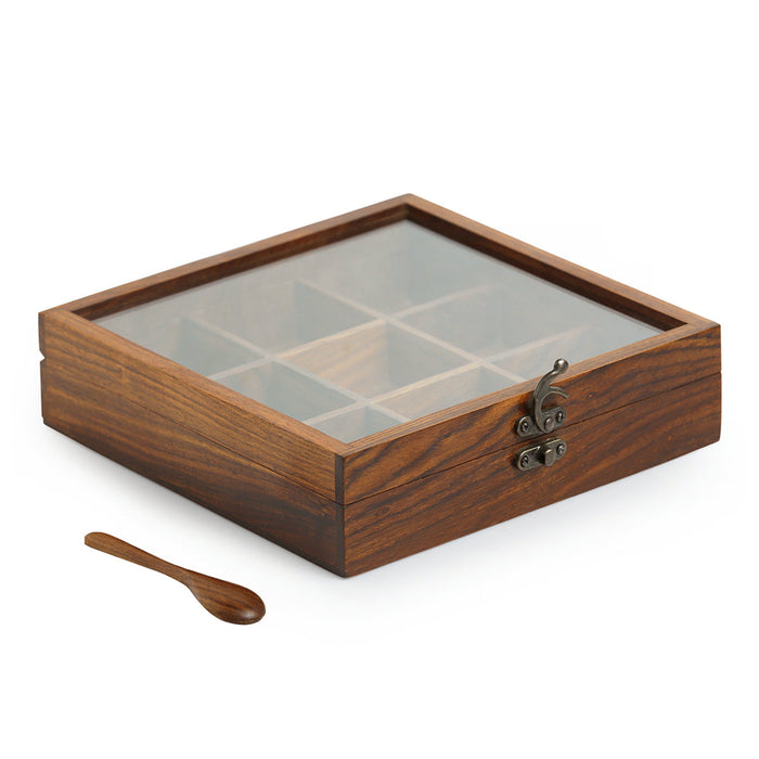 Wooden Masala Box with Spoon | Brown | 20 cm