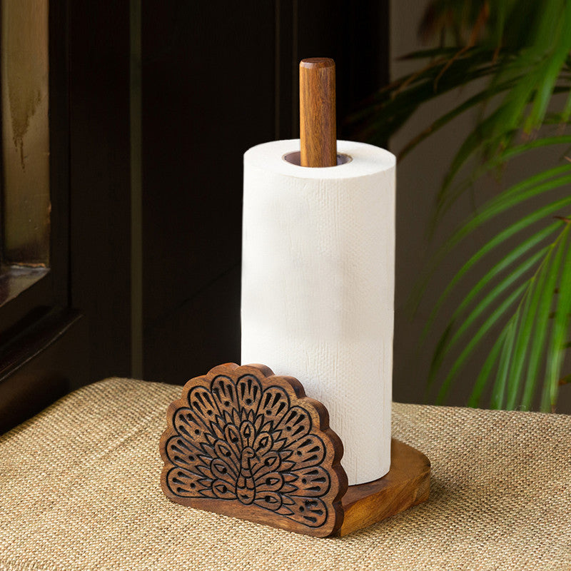 Kitchen Tissue Roll Holder | Dancing Peacock | Sheesham Wood