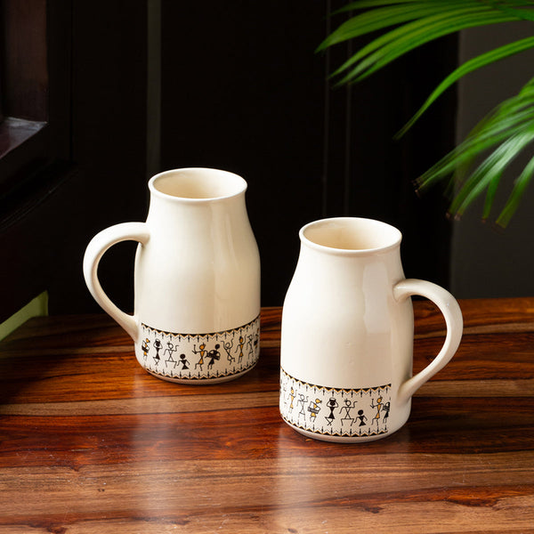 Ceramic Beer Mug | Ivory White and Black | 430 ml | Set of 2