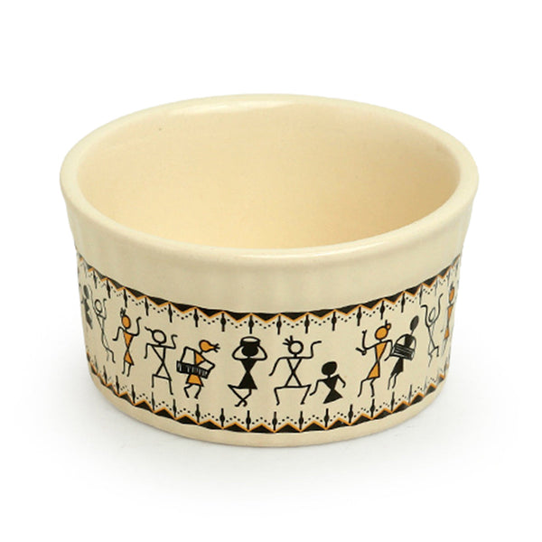 Ceramic Curry Bowl | Warli Art Design | Ivory White & Black | 180 ml | Set of 4