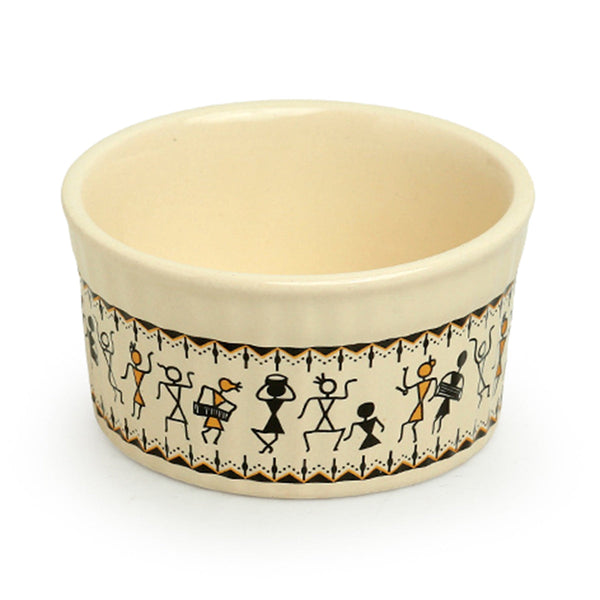 Ceramic Curry Bowl | Warli Art Design | Ivory White & Black | 180 ml | Set of 6