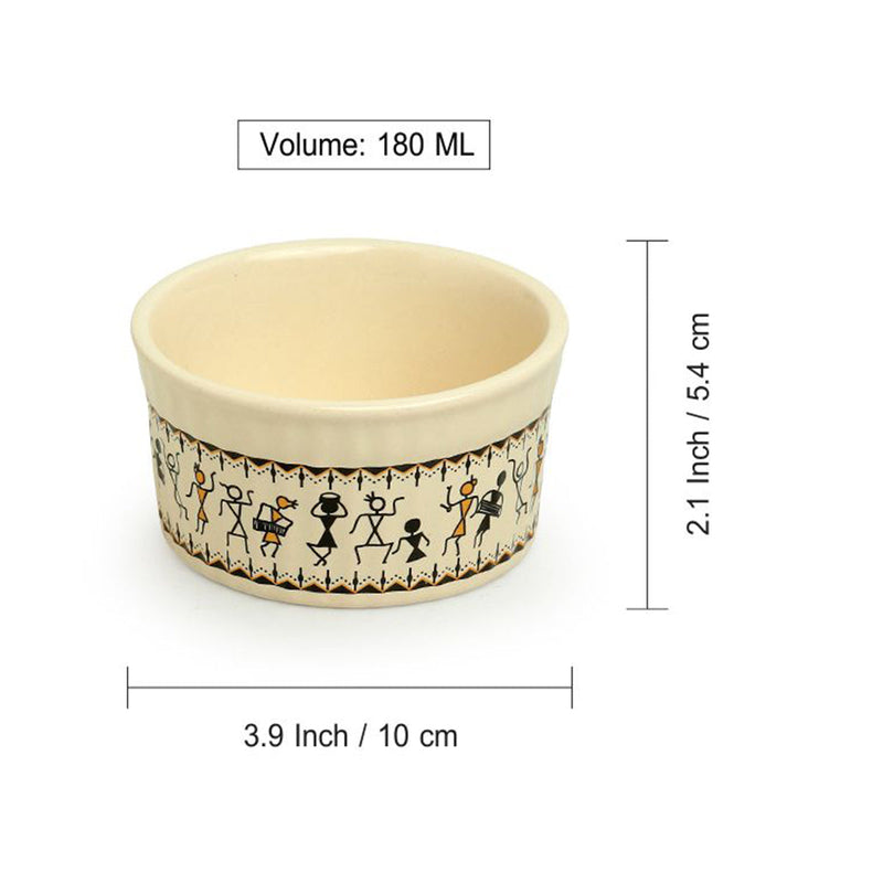 Ceramic Curry Bowl | Warli Art Design | Ivory White & Black | 180 ml | Set of 6