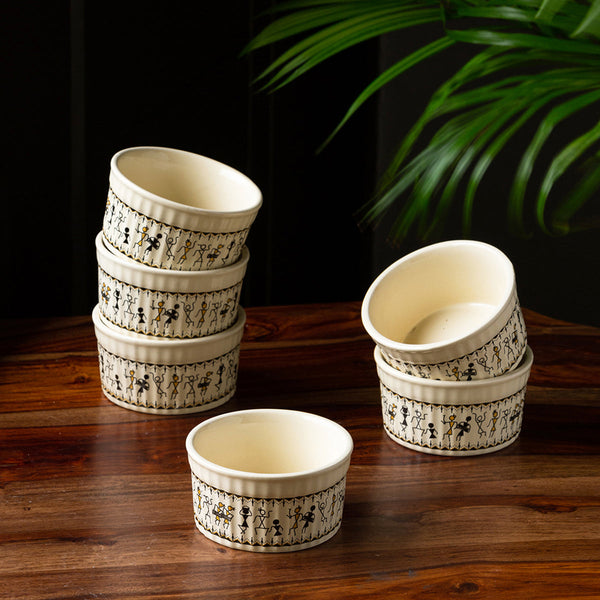 Ceramic Curry Bowl | Warli Art Design | Ivory White & Black | 180 ml | Set of 6