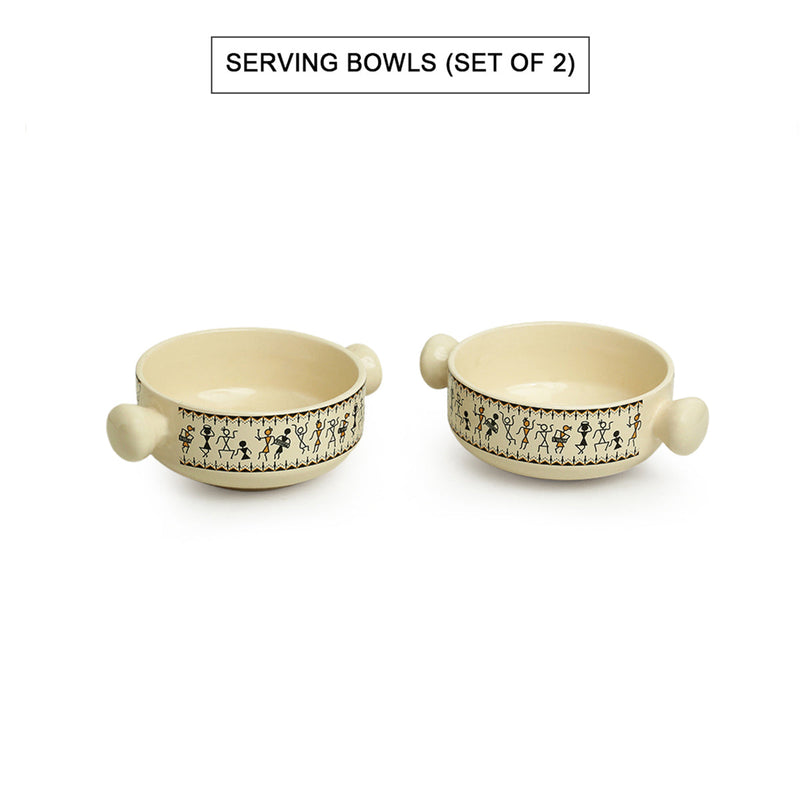 Ceramic Serving Bowls | Warli Art Design | Ivory White & Black | 400 ml | Set of 2
