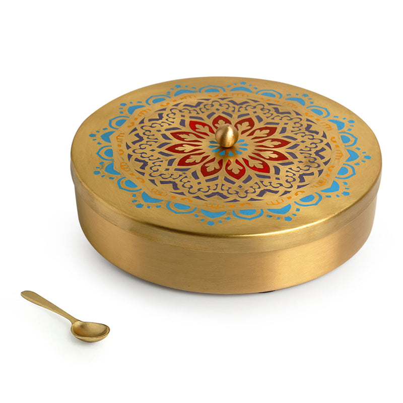 Brass Masala Box | 7 Containers | Moroccan Design | Golden | 20 cm