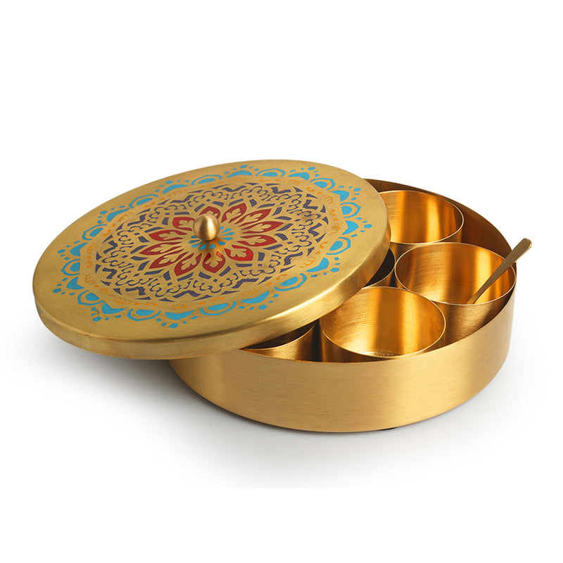 Brass Masala Box | 7 Containers | Moroccan Design | Golden | 20 cm