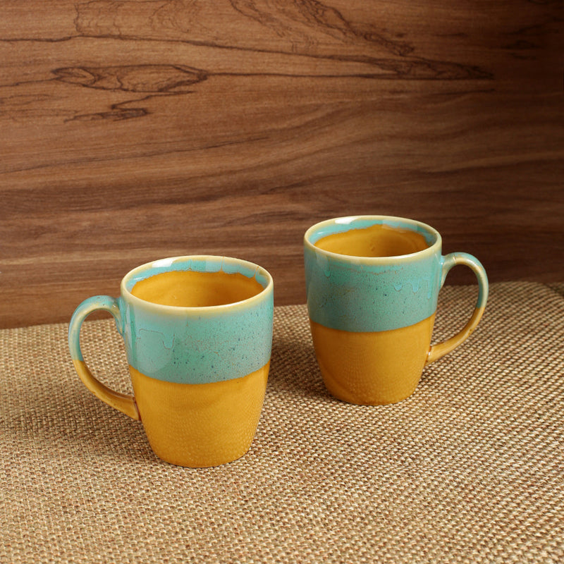 Ceramic Coffee Mug | Sand Yellow & Teal Blue | 330 ml | Set of 2