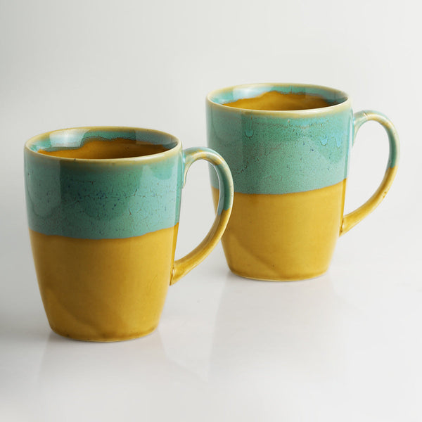 Ceramic Coffee Mug | Sand Yellow & Teal Blue | 330 ml | Set of 2