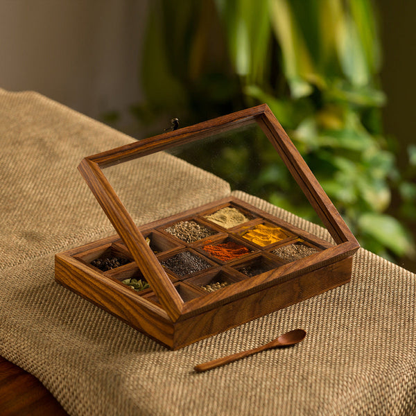 Wooden Masala Dabba | 12 Containers | Brown | 25 cm