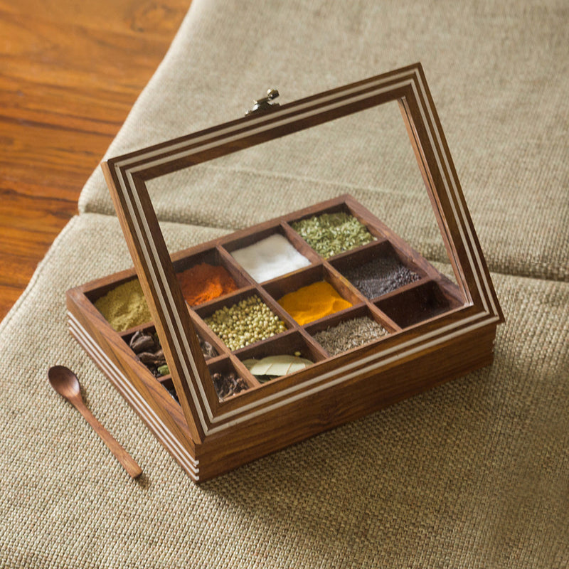 Wooden Masala Box with Spoon | Brown | 26 cm