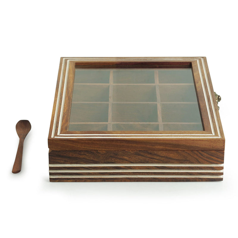 Wooden Masala Box with Spoon | Brown | 26 cm