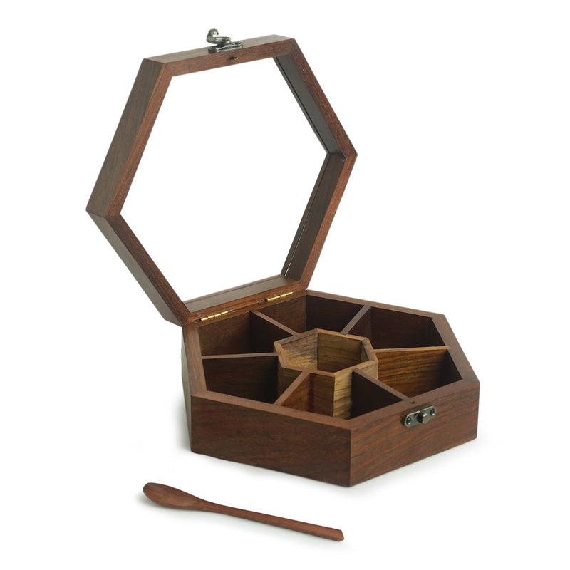 Wooden Spice Box with Spoon | Brown | 21 cm.