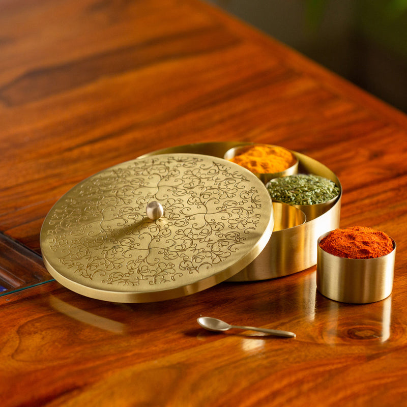 Brass Masala Box with Spoon | 7 Containers | Golden | 20 cm
