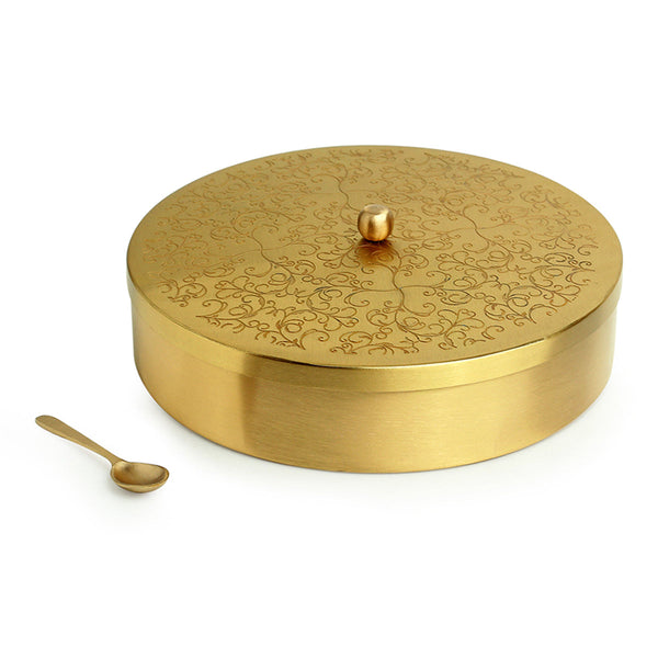 Brass Masala Box with Spoon | 7 Containers | Golden | 20 cm