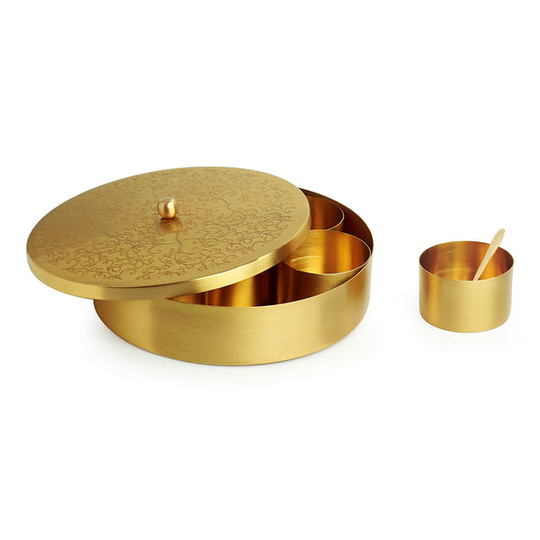 Brass Masala Box with Spoon | 7 Containers | Golden | 20 cm