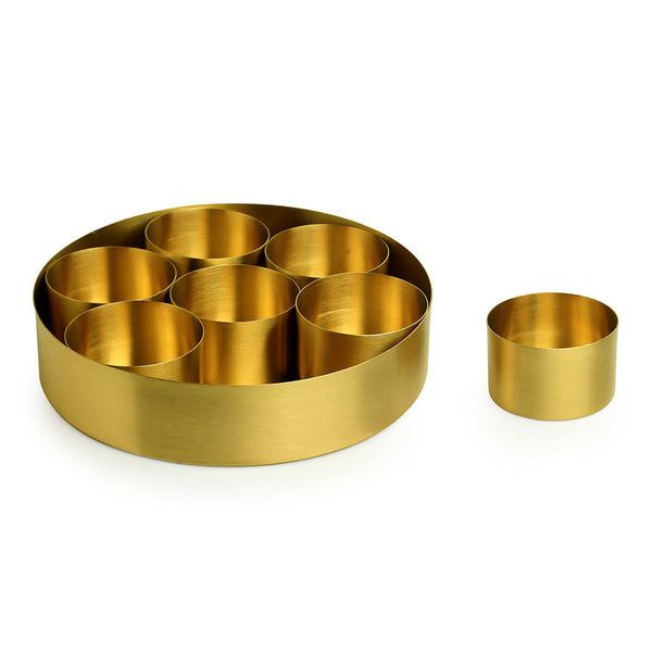 Brass Masala Box with Spoon | 7 Containers | Golden | 20 cm