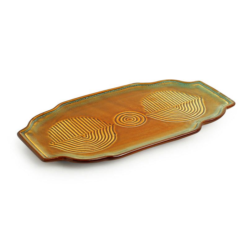 Ceramic Serving Platter | Peacock Design | Caramel Brown & Sea Green | 9 inches