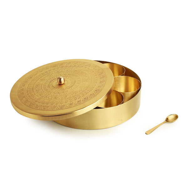 Brass Masala Dabba with Spoon | 7 Containers | Golden | 20 cm