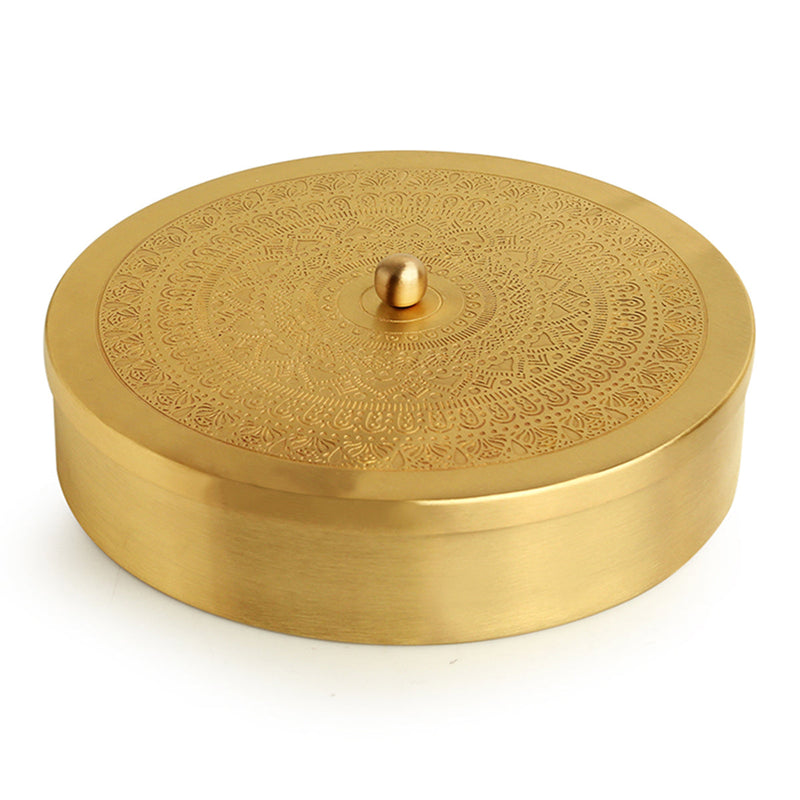 Brass Masala Dabba with Spoon | 7 Containers | Golden | 20 cm