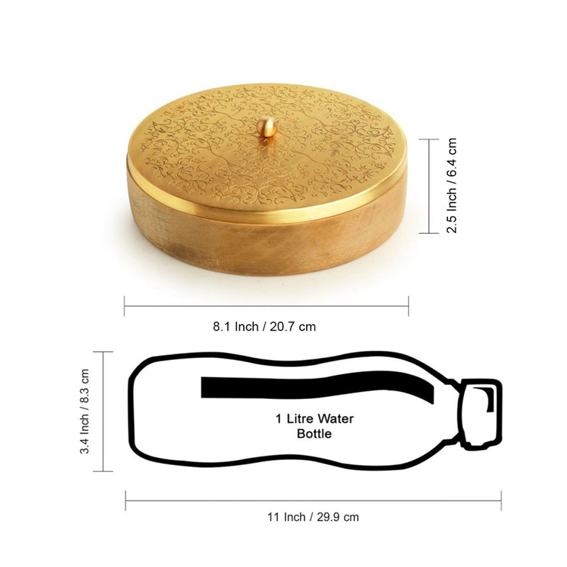 Brass & Wooden Chapati Box | Floral Design | Brown & Golden | 1000 ml