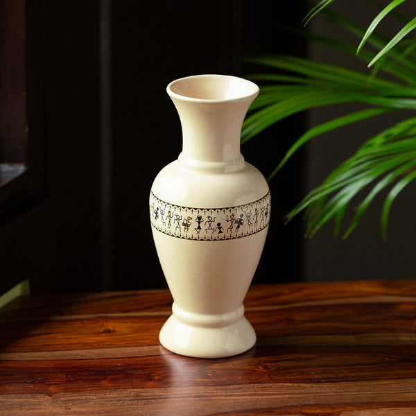 Ceramic Vase | Warli Art Design | Ivory White & Black | 10 inches