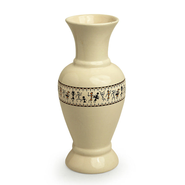 Ceramic Vase | Warli Art Design | Ivory White & Black | 10 inches