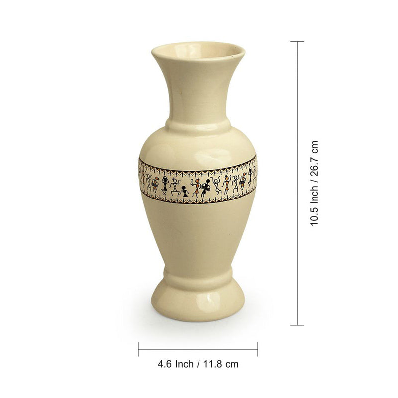 Ceramic Vase | Warli Art Design | Ivory White & Black | 10 inches