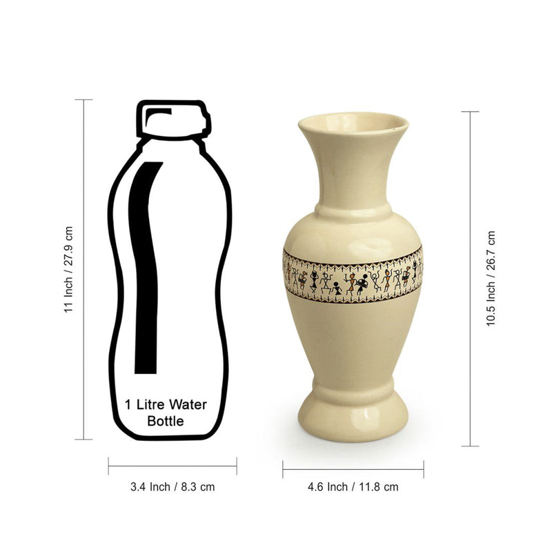 Ceramic Vase | Warli Art Design | Ivory White & Black | 10 inches