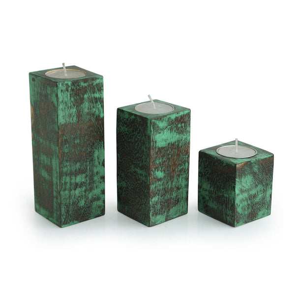 Wooden Tea Light Holder | Block Shape | Teal Blue | Set of 3