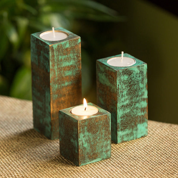 Wooden Tea Light Holder | Block Shape | Teal Blue | Set of 3