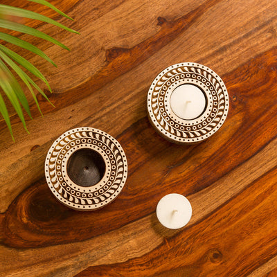 Wooden Tea Light Holder | with T-Lights | Sparkling Mandala Design | Brown & White | Set of 2