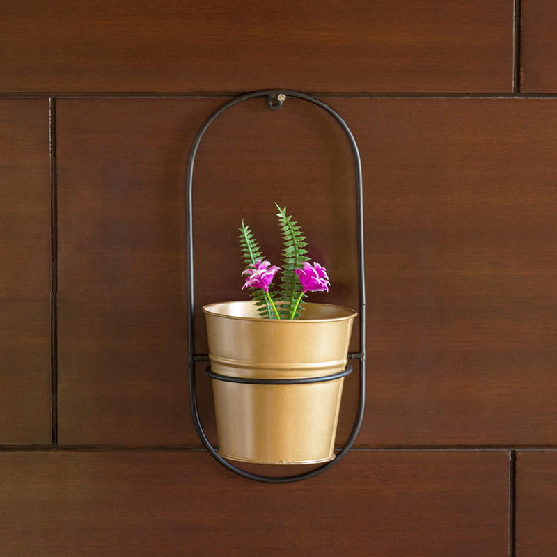 Iron Wall Planter | Arched Bucket Design | Golden & Black | 12 inches