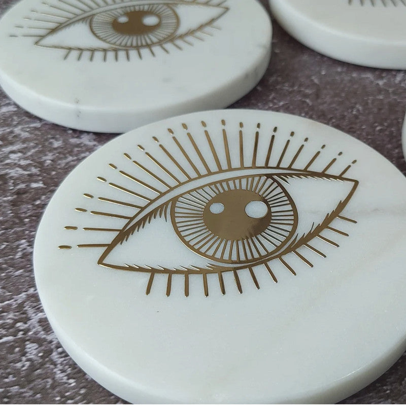 Marble Round Coaster | Evil Eye | White | Set of 4