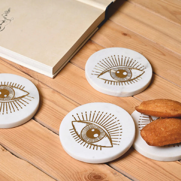 Marble Round Coaster | Evil Eye | White | Set of 4