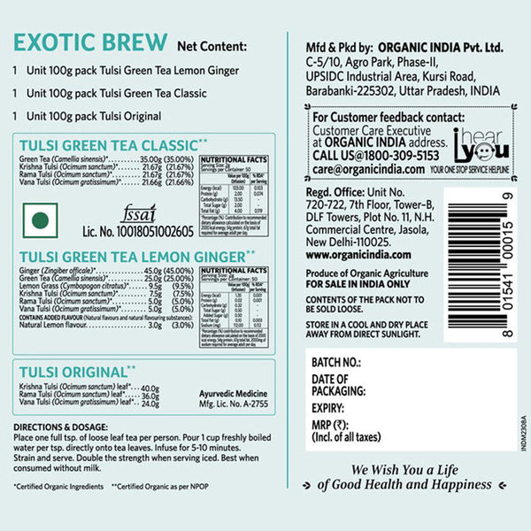 Festival Exotic Brew Tea Box | Tulsi Original | Tulsi Green Tea Classic | Lemon Ginger | Set of 3