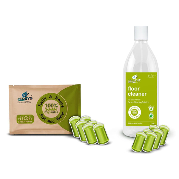 Floor Cleaner Liquid Capsules | Green Apple Infused | with Refillable Bottle | 2 Sachets