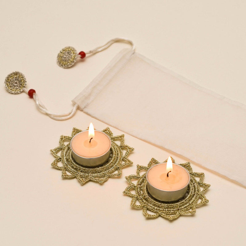 Tea Light Diya Placemat | Metallic Thread | Gold